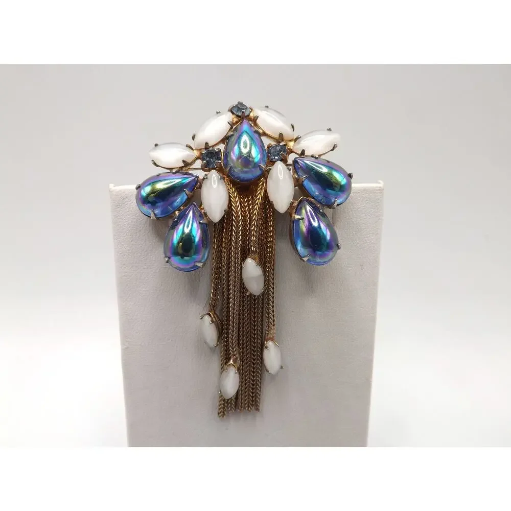 Iridescent Blue Gold Plated Fringe Brooch, White Art Glass Stones, 1960s Vintage